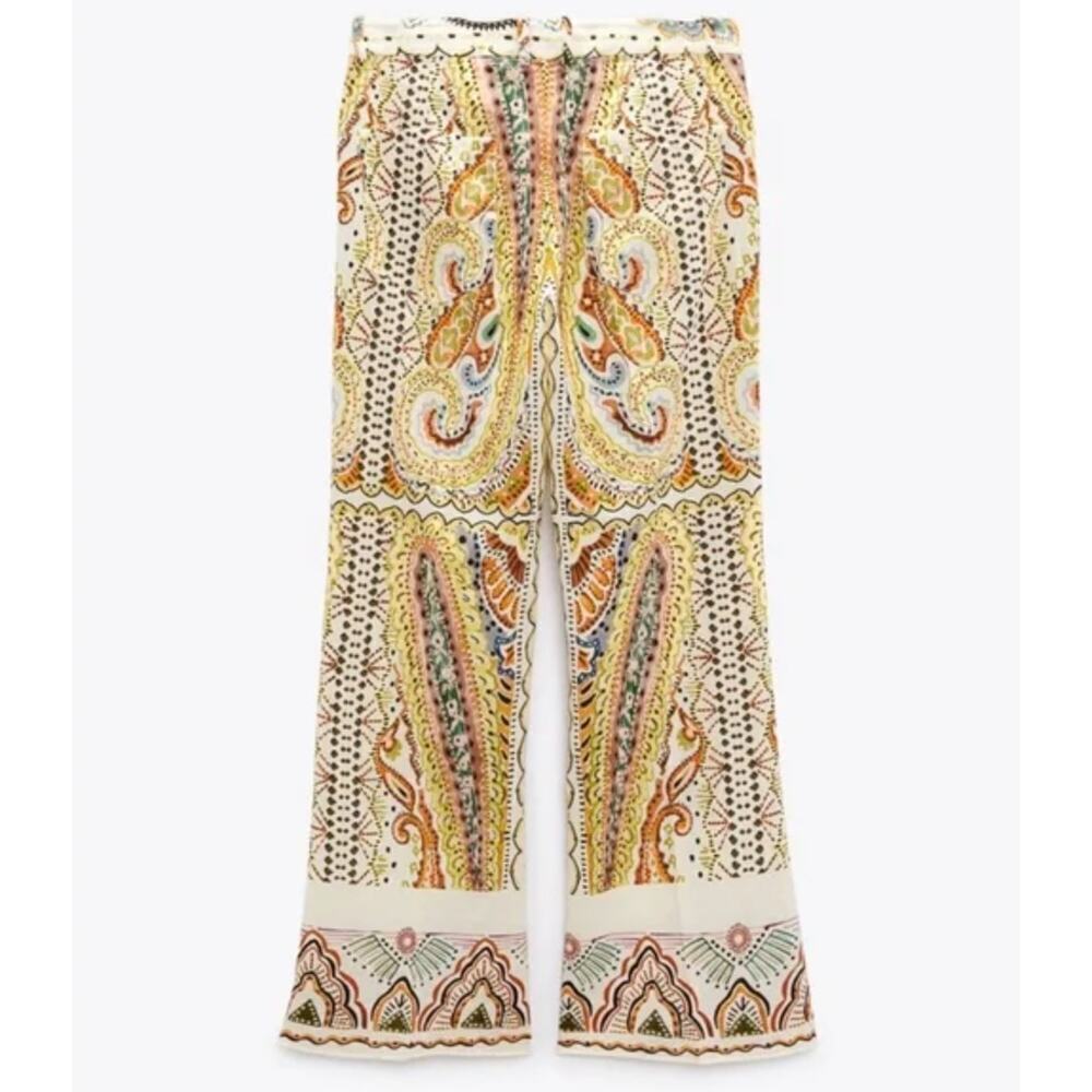 Zara Linen Blend Paisley Printed Cream and Earthtone Flare Leg Pants • Sz XS ⬇️